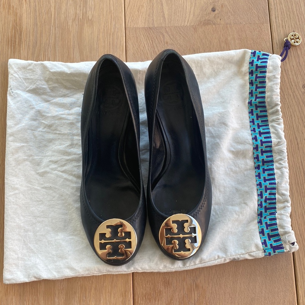 Tory Burch Black Leather Wedge Flats with Gold Logo Discs